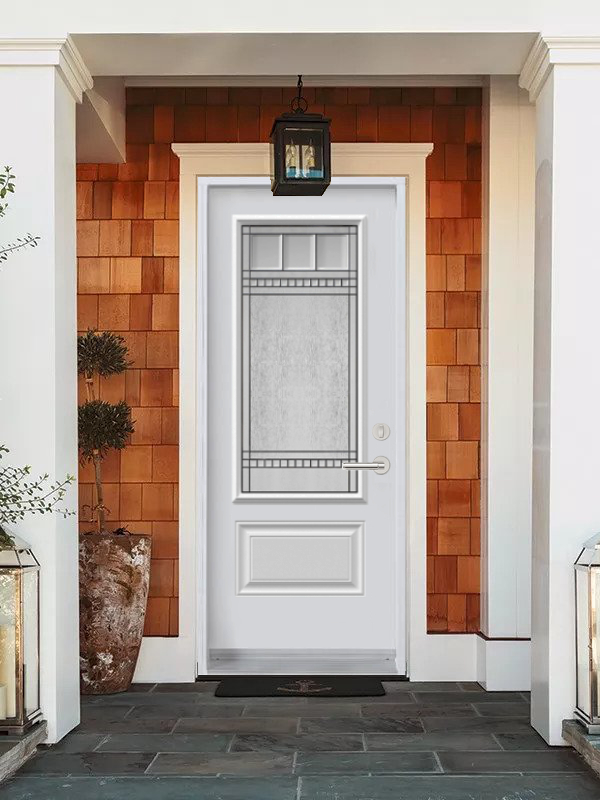 White front door with red and white brick porch